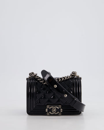 Pearl Street Bags Chanel Black Patent Mini Boy Bag with Ruthenium Hardware