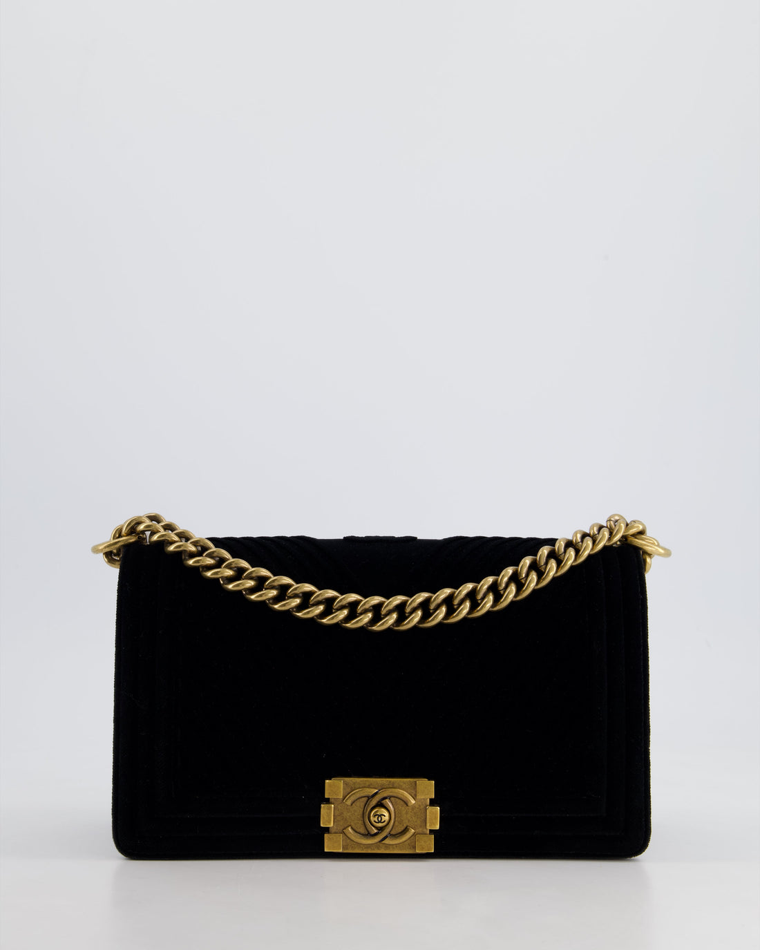 *HOT* Top Quality Chanel Black Velvet Chevron Medium Boy Bag with CC Logo and Antique Gold Hardware
