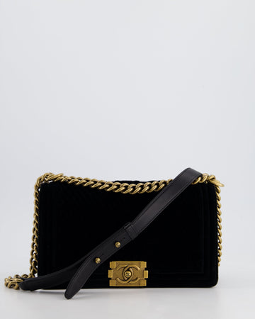 *HOT* Pearl Street Bags Chanel Black Velvet Chevron Medium Boy Bag with CC Logo and Antique Gold Hardware