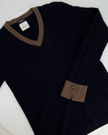 Pearl Street Bags Chanel Navy Cashmere Jumper with Metallic Brown Details and CC Logo Buttons Size FR 40 (UK 12)