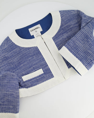 Pearl Street Bags Chanel Blue and White Mid-Sleeve Cropped Jacket with Zip and Pockets Size FR 38 (UK 10)