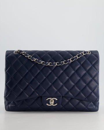 Pearl Street Bags Chanel Navy Maxi Classic Double Flap Bag in Caviar Leather with Sliver Hardware