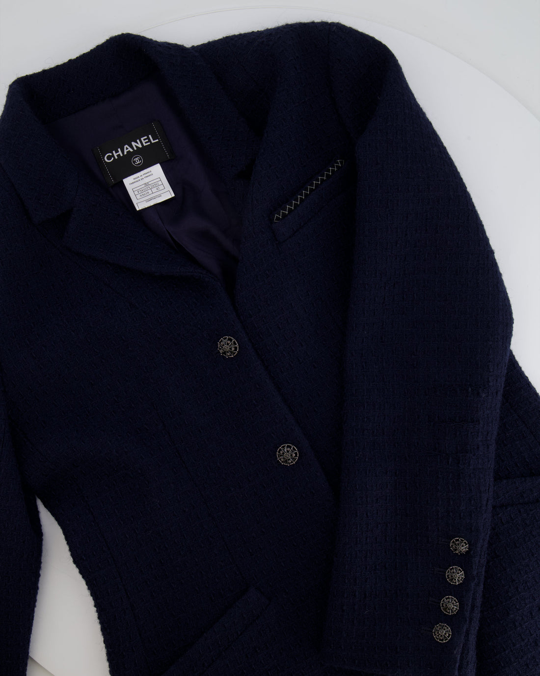 Pearl Street Bags Chanel 08A Navy Tweed Jacket and Midi Skirt Set with Silver CC Logo Details Size FR 42 (UK 14)