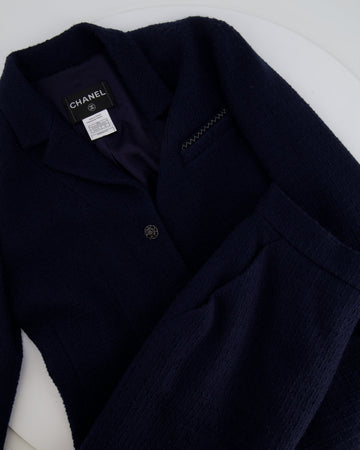 Pearl Street Bags Chanel 08A Navy Tweed Jacket and Midi Skirt Set with Silver CC Logo Details Size FR 42 (UK 14)