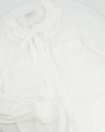 Pearl Street Bags Chanel White Ruffle Shirt with Tie-Neck and Red, Blue CC Logo Button Details Size FR 34 (UK 6)