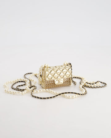 *RARE* Pearl Street Bags Chanel 21S Champagne Gold Bag Charm Necklace with White Pearls & Black Leather Chain Detail