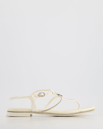 Pearl Street Bags Chanel White Leather Flat Sandals with Crystal Trim and CC Logo Size EU 40