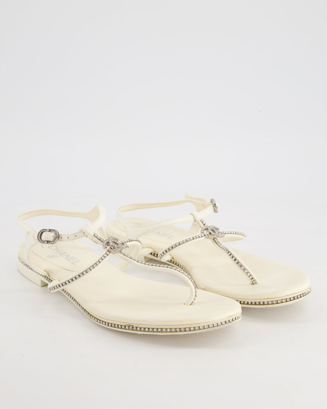 Pearl Street Bags Chanel White Leather Flat Sandals with Crystal Trim and CC Logo Size EU 40