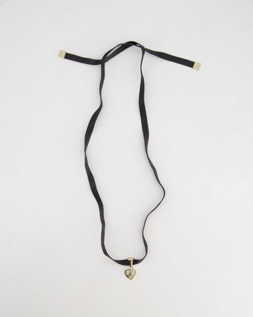 Pearl Street Bags Chanel Black Leather Necklace with Champagne Gold CC Heart Pendant