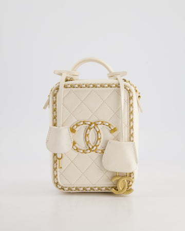 *HOT* Pearl Street Bags Chanel White Calfskin Vertical Vanity Case with Gold Chain Trim Detail and Gold Hardware