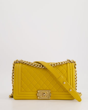 Pearl Street Bags Chanel Mustard Yellow Medium Boy Bag in Calfskin Leather with Antique Gold Hardware