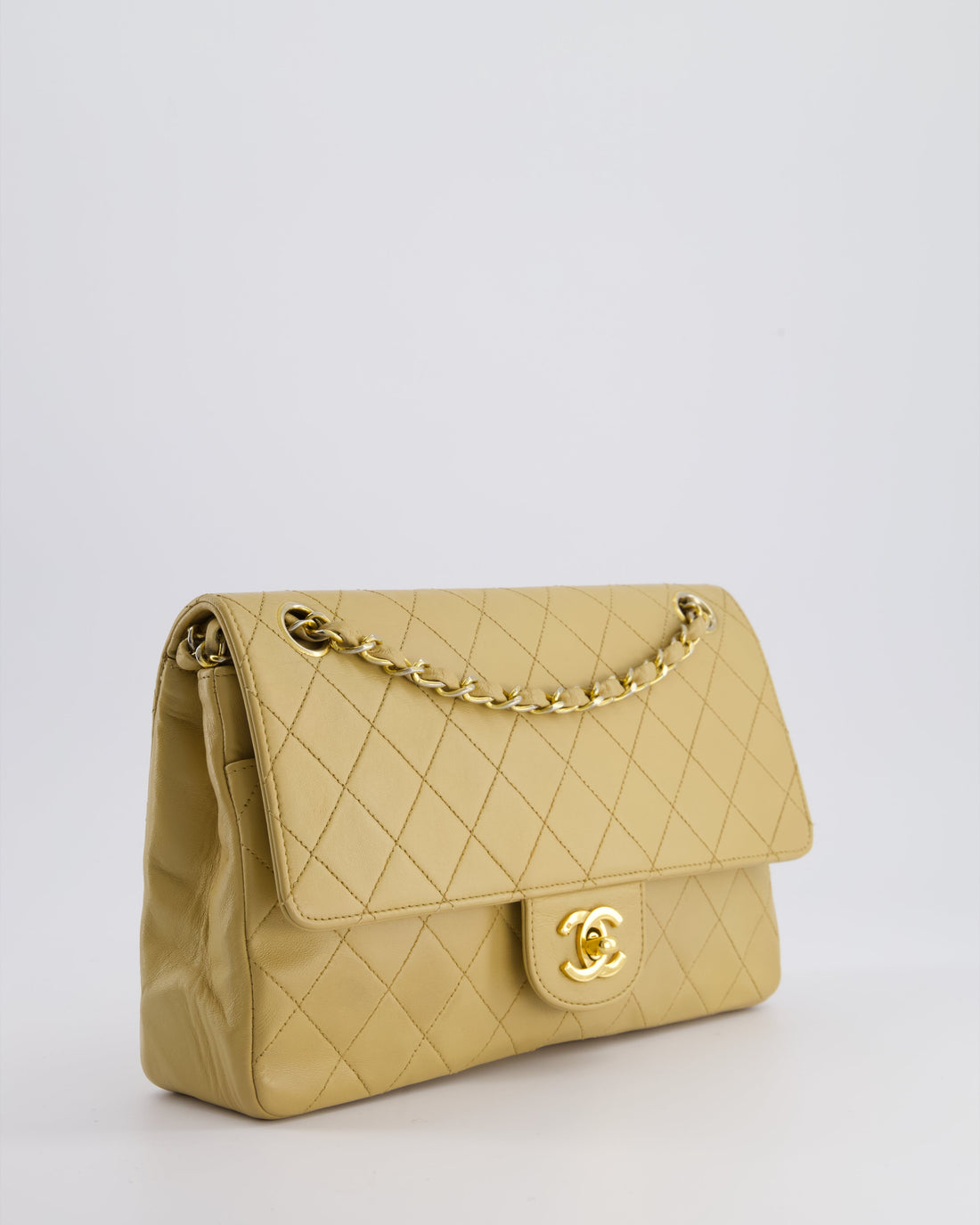 *FIRE PRICE* Pearl Street Bags Chanel  Chai Beige Classic Medium Stitched Edge Double Flap Bag in Lambskin Leather with 24K Gold Hardware