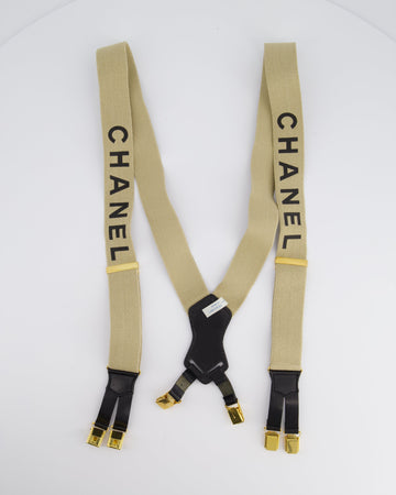 Pearl Street Bags Chanel  1990s Beige Black Logo Ski Suspender Braces