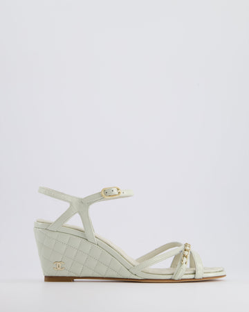 Pearl Street Bags Chanel Light Grey Quilted CC Logo Ankle Strap Wedges in Patent Leather Size EU 39.5