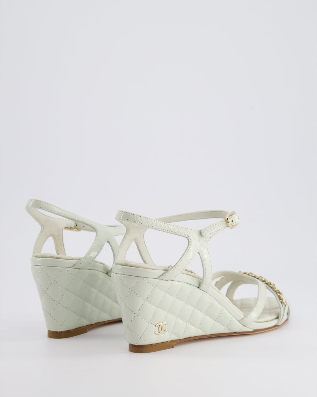 Pearl Street Bags Chanel Light Grey Quilted CC Logo Ankle Strap Wedges in Patent Leather Size EU 39.5