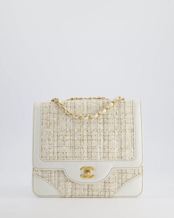 Pearl Street Bags Chanel Small White Tweed and Aged Calfskin Flap Bag with Brushed Gold Hardware