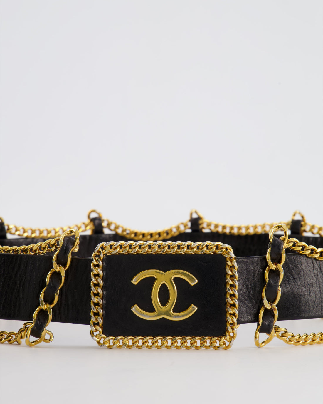 *HOT* Pearl Street Bags Chanel  Black Leather Belt with Gold Chain and CC Logo Size 75