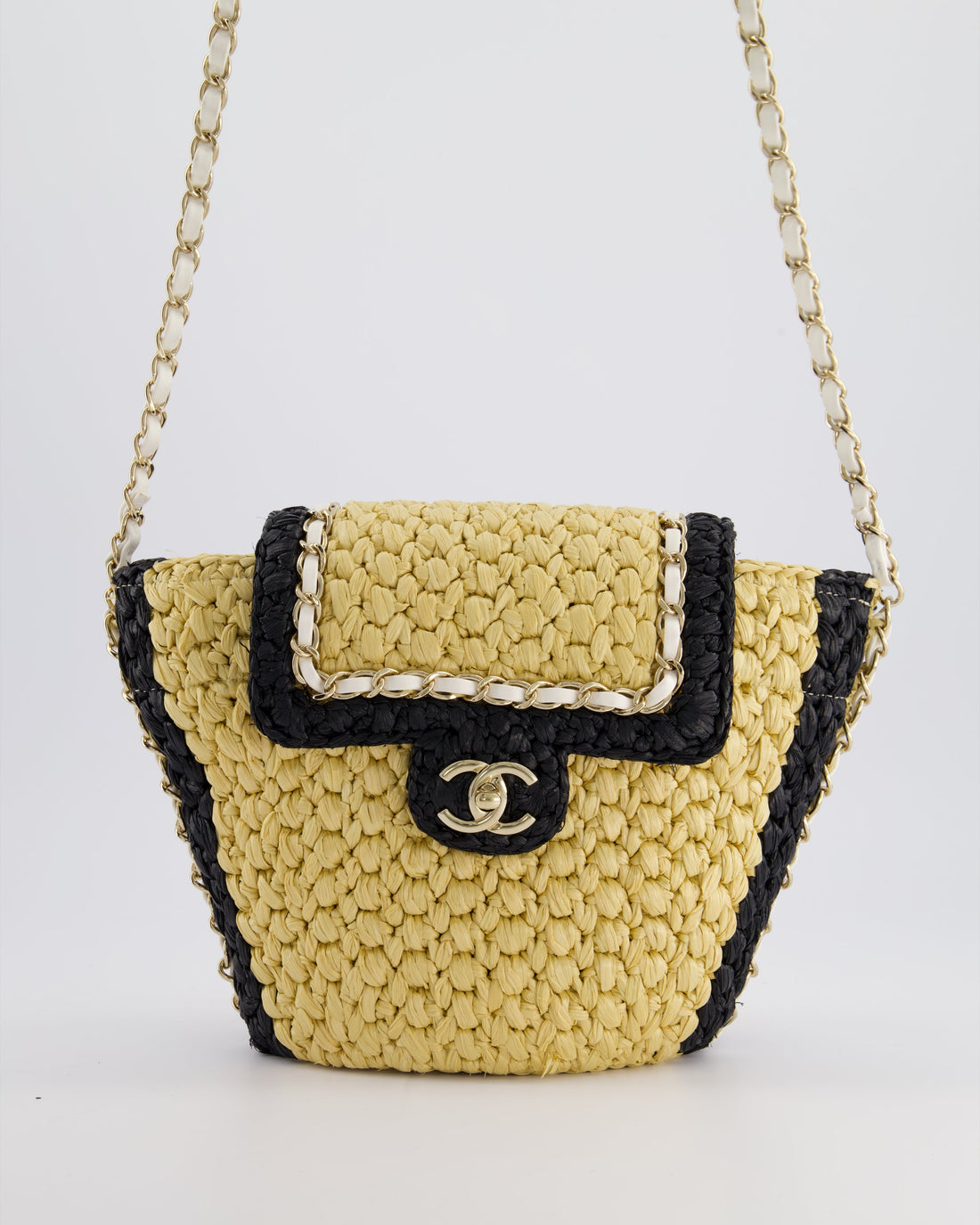 *HOT* Pearl Street Bags Chanel 24C Venice Collection Beige Raffia Basket Bag with White Leather Interlocking Chain & Champagne Gold Hardware