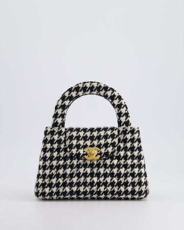 *HOT* Pearl Street Bags Chanel Small Kelly Shopping Bag in Black & White Wool Houndstooth with Brushed Antique Gold Hardware