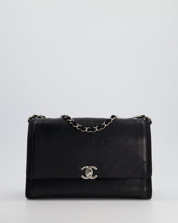 Pearl Street Bags Chanel Black Matelasse Crumpled Calfskin Leather Flap Bag With Silver Hardware and Grosgrain Fabric Detailing