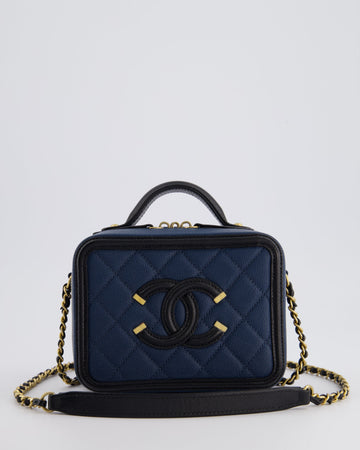 Pearl Street Bags Chanel Navy and Black Small CC Vanity Case Bag in Caviar Leather with Brushed Gold Hardware