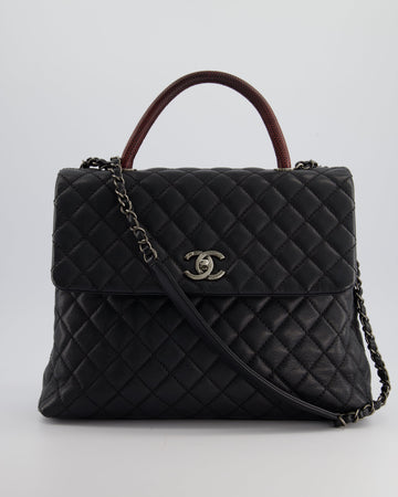 Pearl Street Bags Chanel Dark Grey Large Coco Top Handle Bag in Caviar Leather with Burgundy Python Handle and Ruthenium Hardware