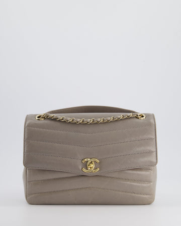 Pearl Street Bags Chanel Light Grey Chevron Miroir Flap Bag in Distressed Calfskin Leather with Champagne Gold Hardware