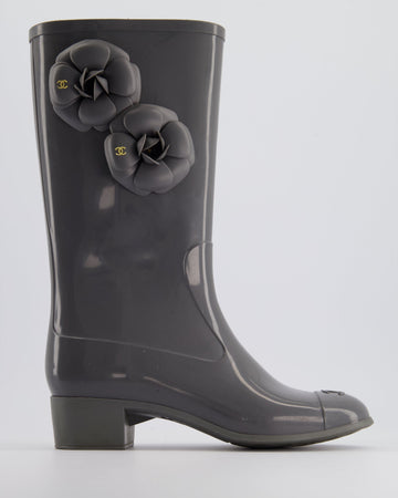Pearl Street Bags Chanel Stone Grey Rubber Rain Boots with Camelia & CC Logo Detail Size EU 37