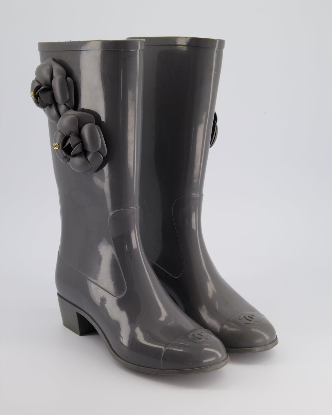 Pearl Street Bags Chanel Stone Grey Rubber Rain Boots with Camelia & CC Logo Detail Size EU 37