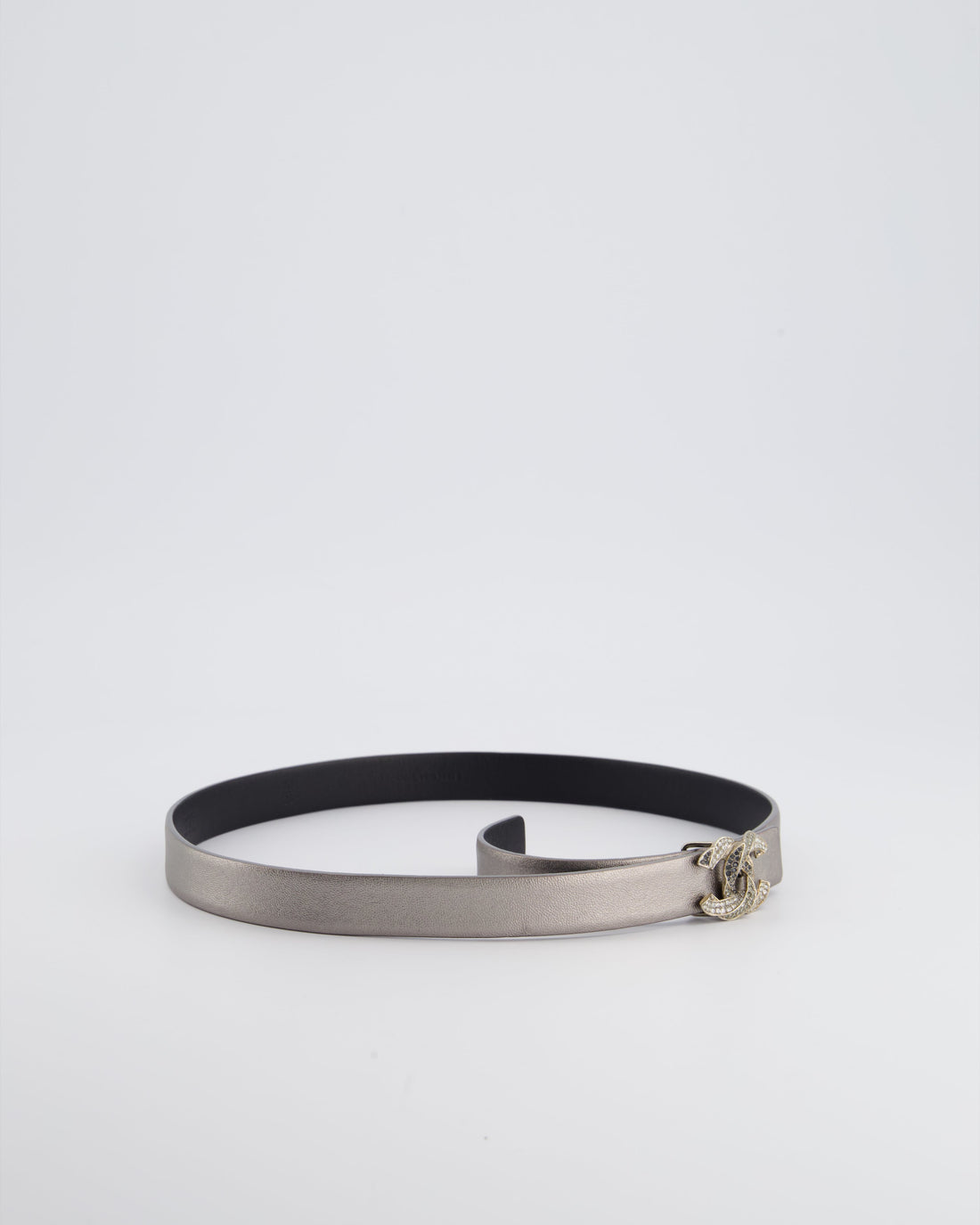 Pearl Street Bags Chanel Metallic Silver Belt with Crystal CC Logo Detail Size 70cm
