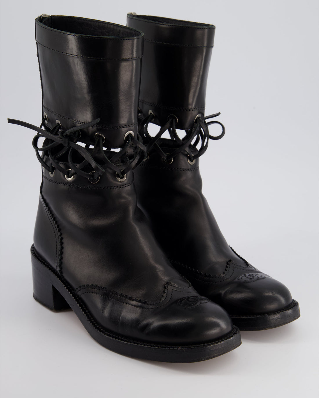 *RUNWAY* Pearl Street Bags Chanel Black Lace Up Insert Detail CC Logo Boots Size EU 40.5