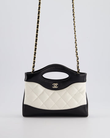 Pearl Street Bags Chanel Mini 31 Clutch Bag with Chain in Black and White Shiny Calfskin Leather with Champagne Gold Hardware