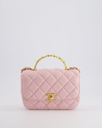 Pearl Street Bags Chanel Pink Single Flap Top Handle Bag in Lambskin Leather with Long Chain and Crystal CC Details in Gold Hardware