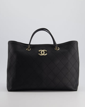 Pearl Street Bags Chanel Black Quilted Tote Bag in Calfskin Leather with Champagne Hardware & CC Detail