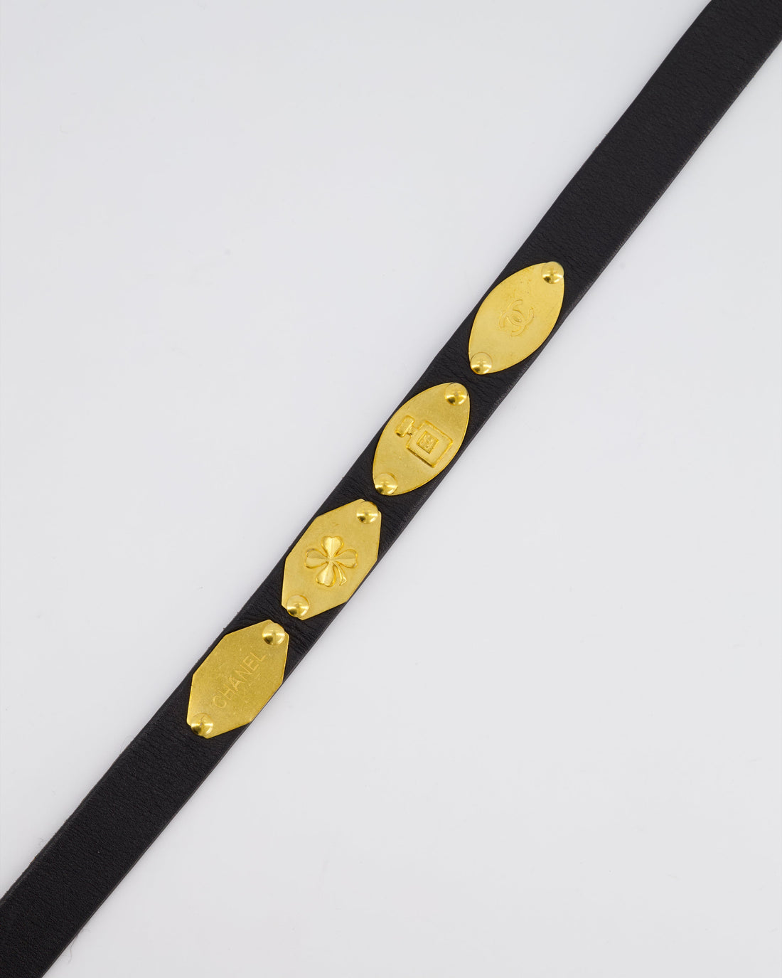 Pearl Street Bags Chanel  Black Leather Belt with Multiple Gold Charms and CC Logo Size 75