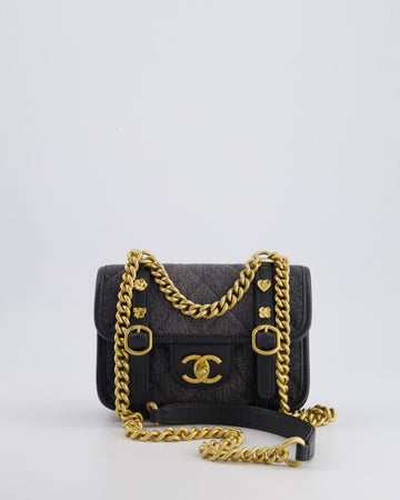 Pearl Street Bags Chanel Grey Mini Denim Flap Bag with Brushed Gold Hardware and Charm Detail