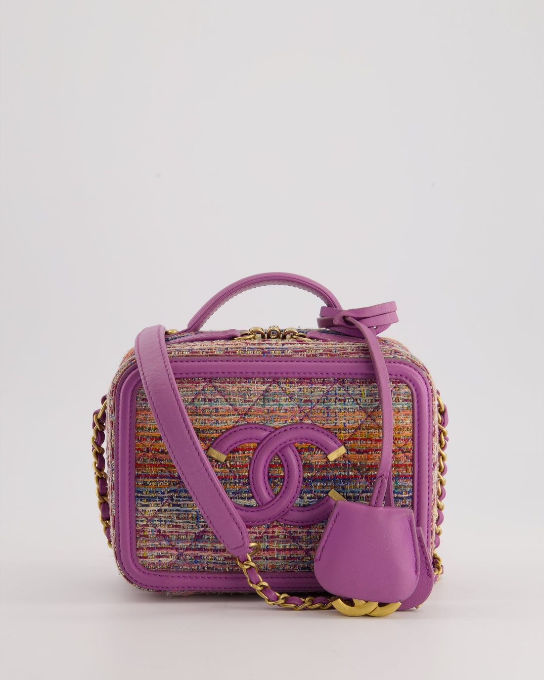 *HOT* Pearl Street Bags Chanel Purple & Multicolour Tweed Small CC Vanity Case Bag in Lambskin Leather with Brushed Gold Hardware