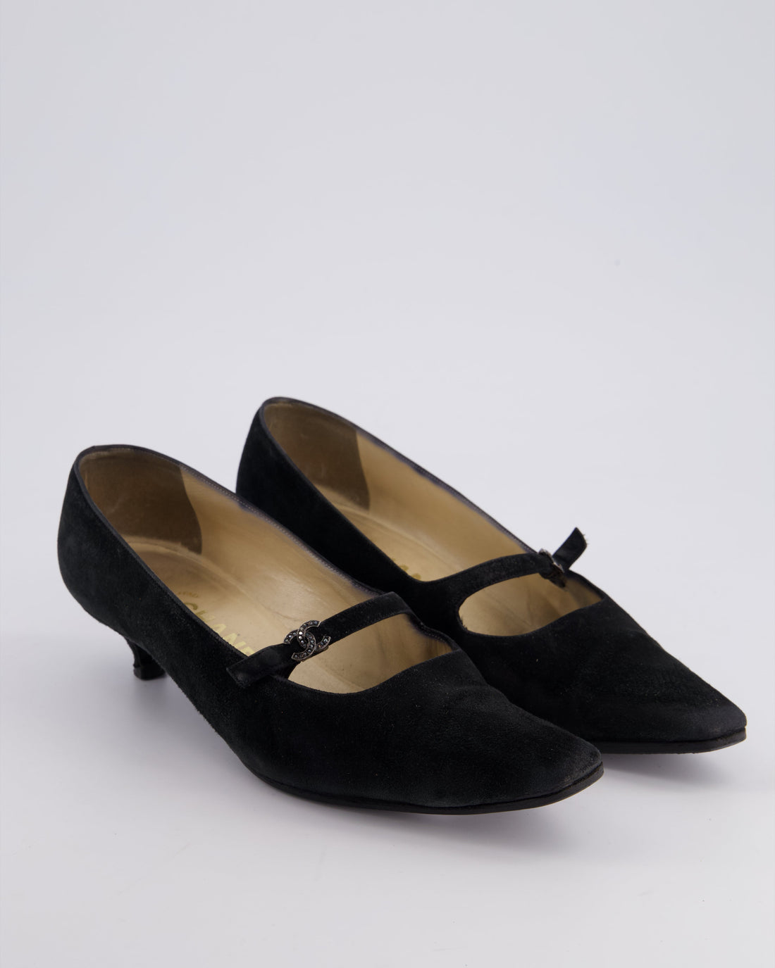 Pearl Street Bags Chanel  Black Suede Mary Jane Pointed Heels with Crystal CC Logo Detail Size EU 38