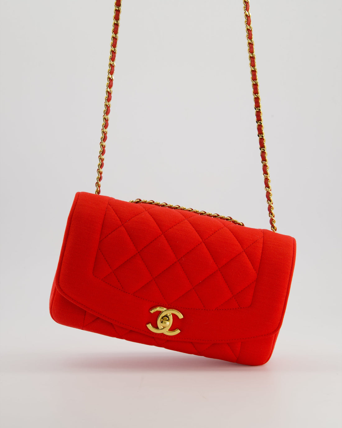 *RARE* Pearl Street Bags Chanel Red Jersey Small Diana Flap Bag in with Gold Hardware