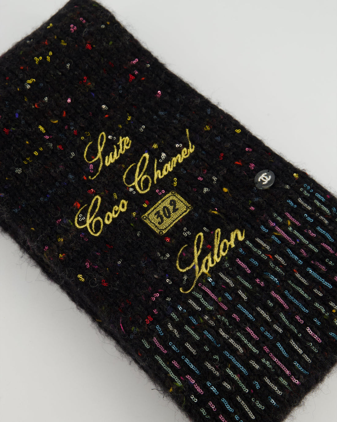 Pearl Street Bags Chanel Charcoal Alpaca Wool Scarf With Multi Colour Sequin Details and Gold Embroidery