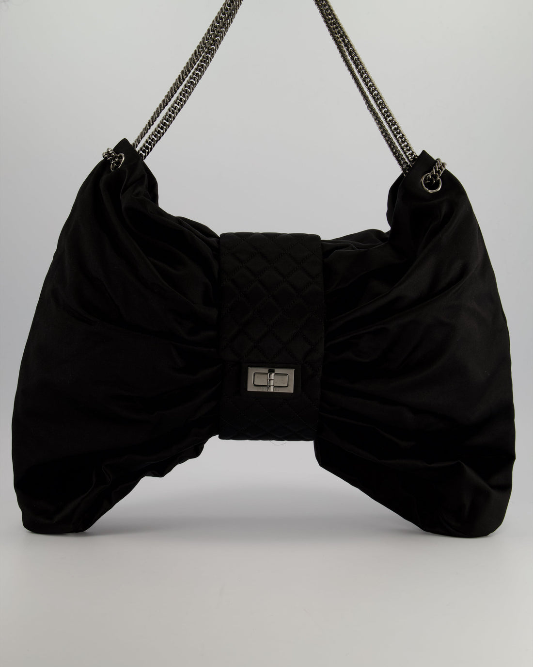 Pearl Street Bags Chanel Black Large Satin Bow Reissue Shoulder Bag with Quilted Flap Detail and Silver Hardware