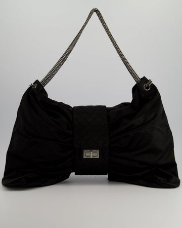 Pearl Street Bags Chanel Black Large Satin Bow Reissue Shoulder Bag with Quilted Flap Detail and Silver Hardware