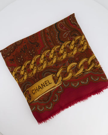 Pearl Street Bags Chanel Deep Red Scarf with Gold Chain Prints and Pearl Street Bags Chanel Details Size 130x130