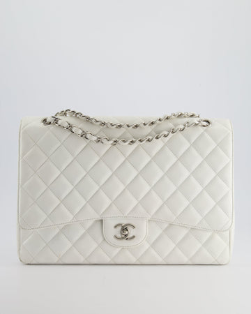 Pearl Street Bags Chanel White Classic Maxi Single Flap Bag in Caviar Leather with Silver Hardware