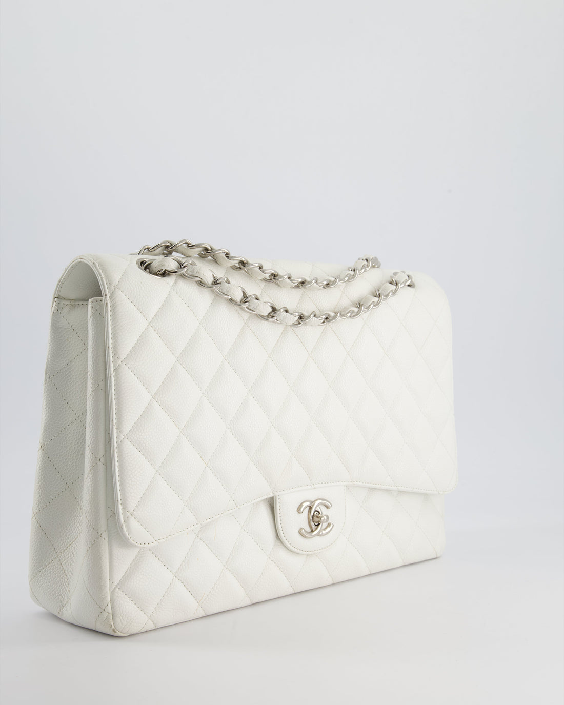 Pearl Street Bags Chanel White Classic Maxi Single Flap Bag in Caviar Leather with Silver Hardware