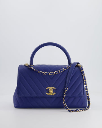 *HOT COLOUR* Pearl Street Bags Chanel Royal Blue Chevron Medium Coco Top Handle Flap Bag in Caviar Leather with Gold Hardware