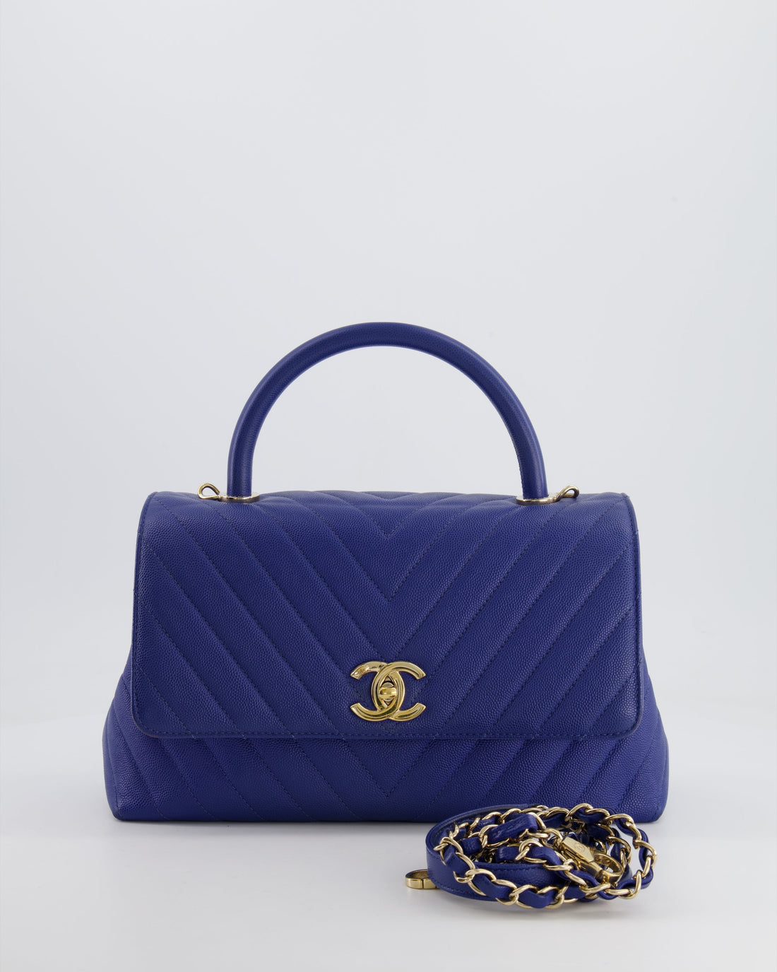 *HOT COLOUR* Pearl Street Bags Chanel Royal Blue Chevron Medium Coco Top Handle Flap Bag in Caviar Leather with Gold Hardware