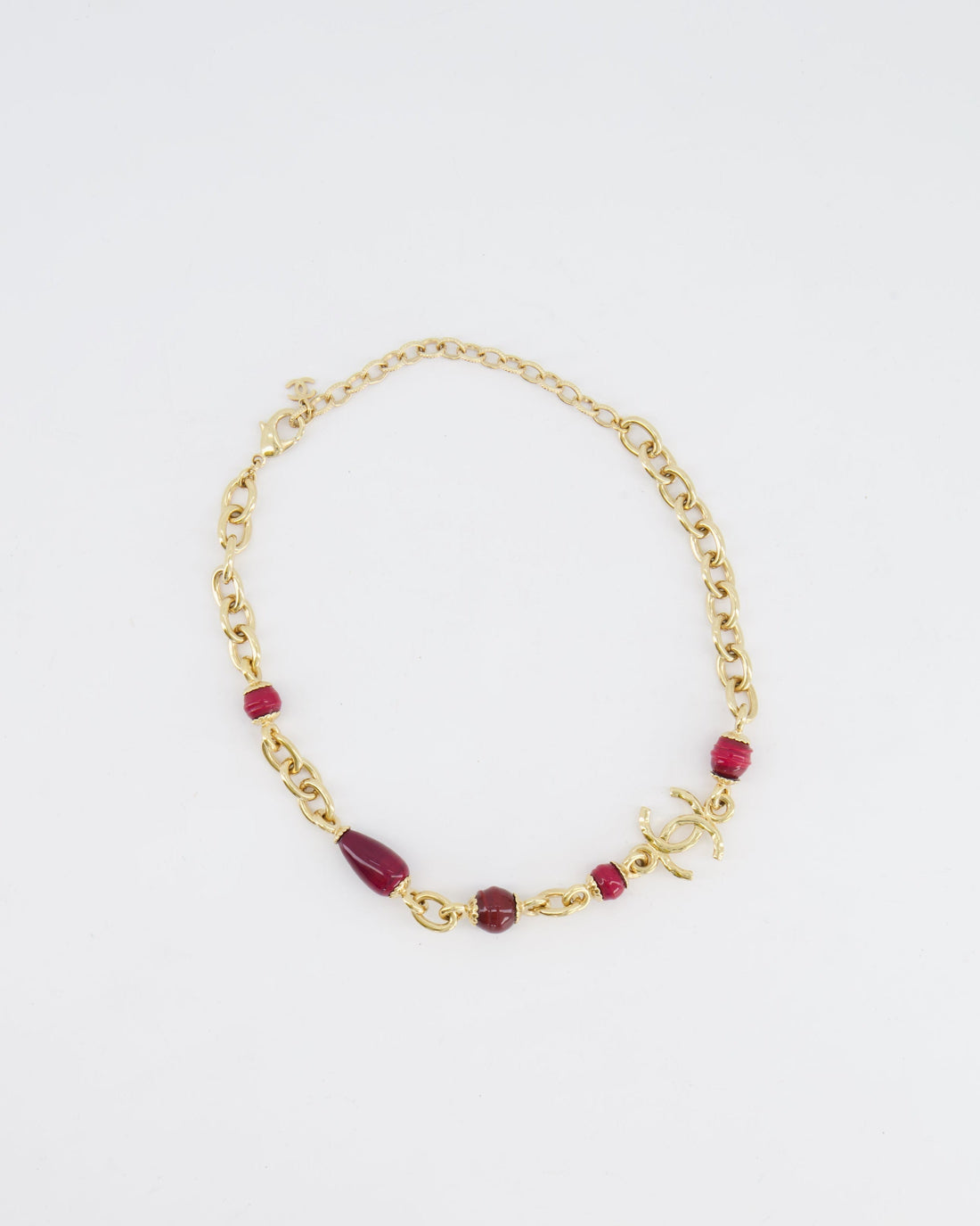 *HOT* Pearl Street Bags Chanel Gold Necklace with Burgundy Stone Details and CC Logo