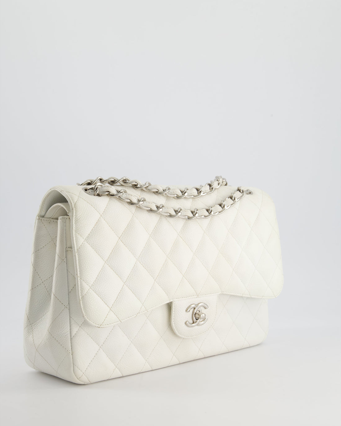 Pearl Street Bags Chanel White Jumbo Classic Double Flap Bag in Caviar Leather with Silver Hardware