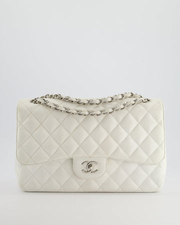 Pearl Street Bags Chanel White Jumbo Classic Double Flap Bag in Caviar Leather with Silver Hardware